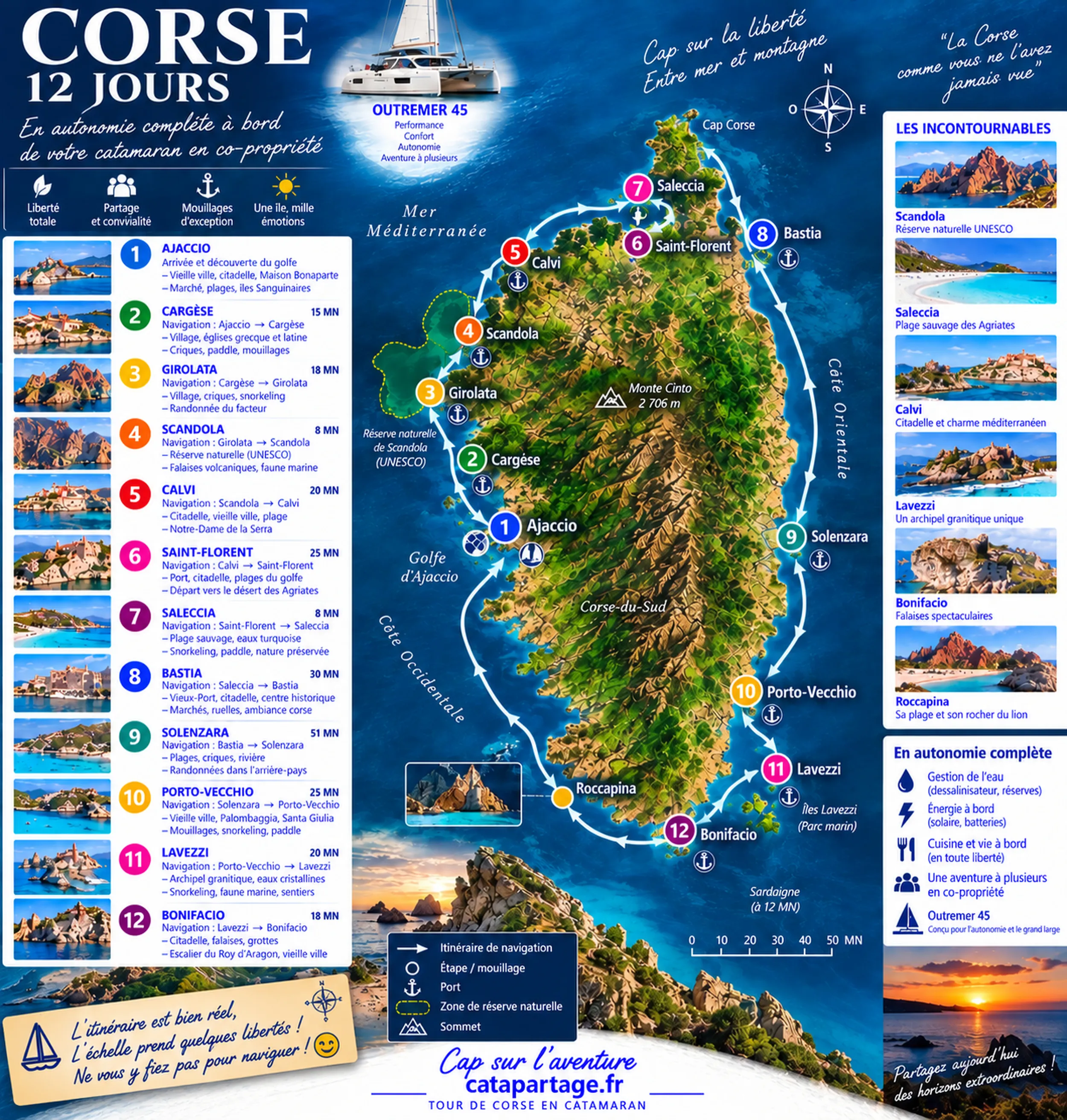 Carte de l'itinéraire de 12 jours en Corse en catamaran